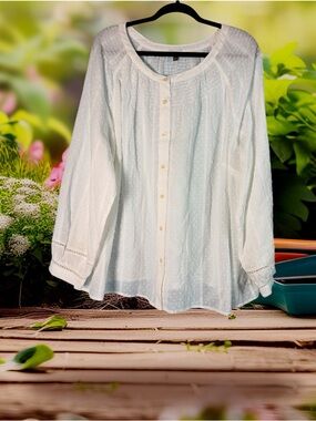 Talbots Top Womens 3Xp White Pleated Polka Dot Textured Button